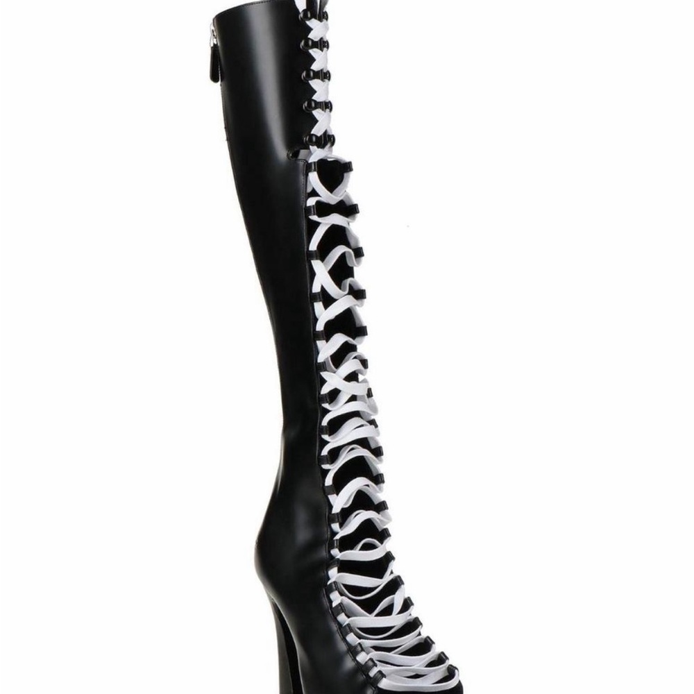 Black and White Lace-Up Knee-High Boots